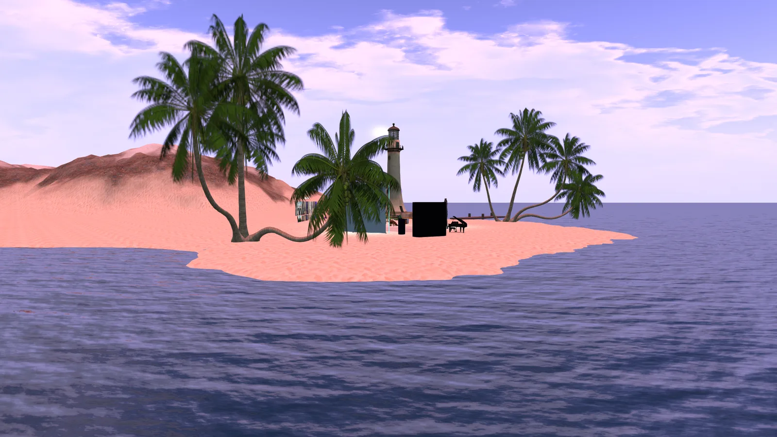 A tropical island with palm trees and a lighthouse in Wolf Territories Grid