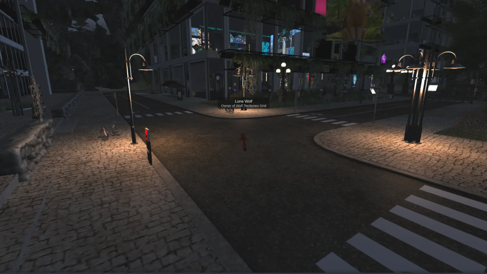 City streets after dark at the grid Welcome Area