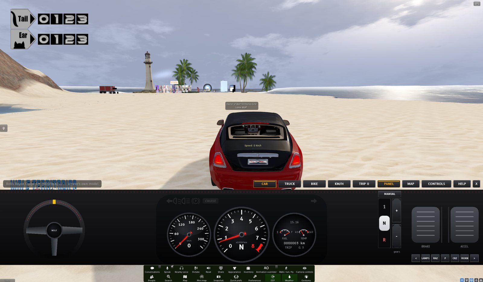 The same car dashboard with the viewer's bottom toolbar showing underneath it: buttons for Conversations, Speak, Nearby voice, Dictate, Read, Share, Appearance, Inventory, Animation overrider, Walk / run / fly, Camera controls, People, Search, Map, Mini-map, Snapshot, Quick prefs, Preferences, EEP, Weather and Gestures.