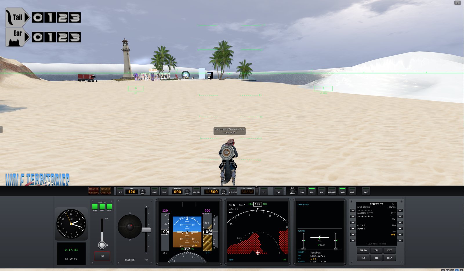 An avatar standing on the Sandbox beach with a green head-up display over the view: a horizon line, a pitch ladder and boxes for speed and vertical speed. Across the bottom is the flight deck: MASTER WARNING and CAUTION, the autopilot panel with A/T, IAS 120, LNAV, VNAV, HEADING 000, HDG SEL, ALTITUDE 500, ALT HOLD, VERT SPEED, V/S, CMD, RANGE, PLAN, HUD, MAP, AIRPORTS, PANEL, HELP and EXIT; below it a clock, the gear lever with three green lights, the sidestick and throttle, the primary flight display, the navigation display with red terrain, the crew alert and flight control screen showing region Sandbox, and the flight computer on its DIRECT TO page.