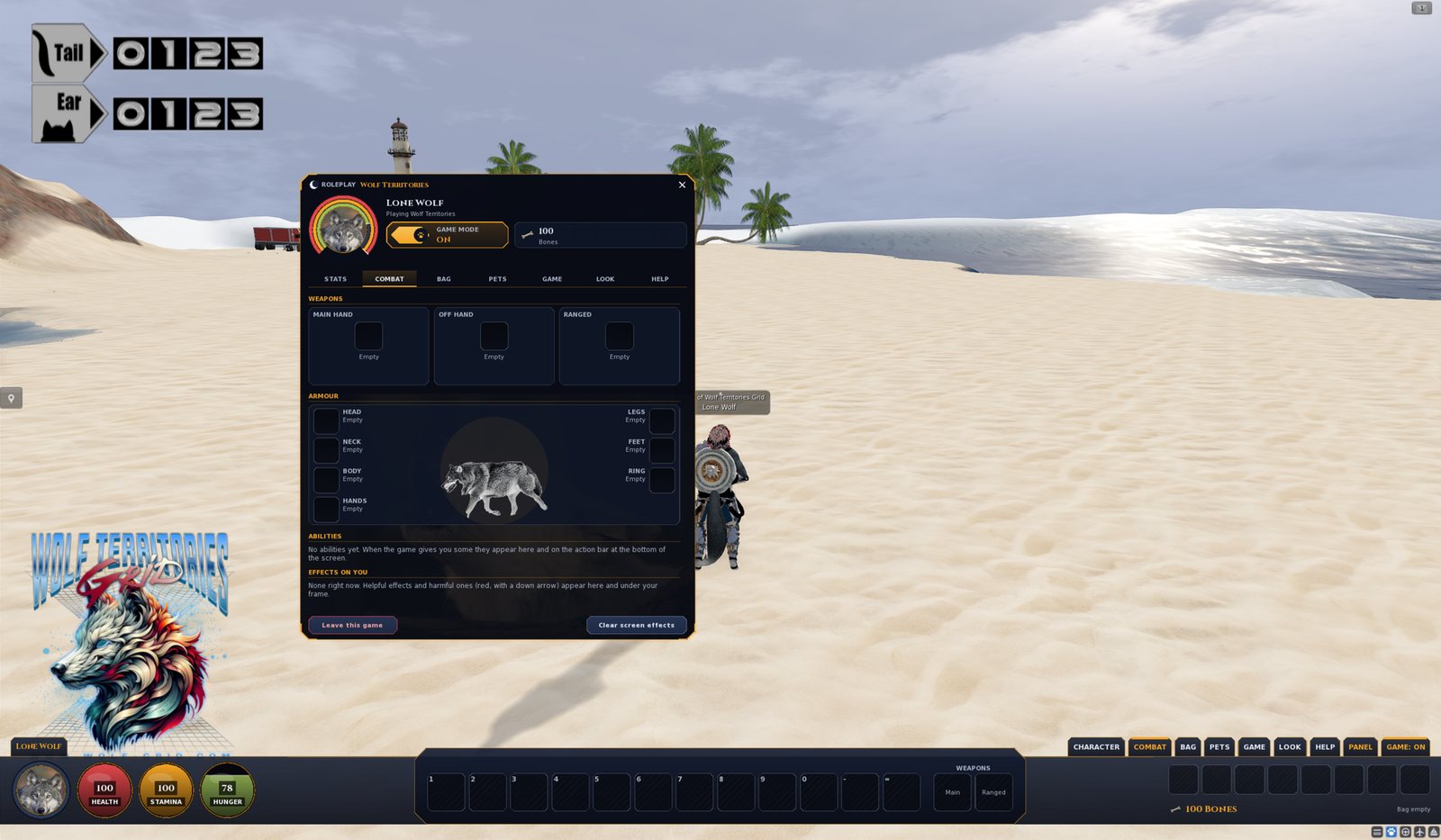 Lone Wolf on the Sandbox beach with Game Mode on. In the middle of the screen is the Roleplay window in the wolves theme: a wolf portrait ringed by stat colours, a GAME MODE ON switch, a wallet showing 100 Bones, and the tabs Stats, Combat, Bag, Pets, Game, Look and Help, with Combat open showing empty Main hand, Off hand and Ranged weapon slots and a paper doll of a wolf with armour slots. Across the bottom is the game bar: the wolf portrait, Health 100, Stamina 100 and Hunger 78 orbs, twelve action slots numbered 1 to 9, 0, minus and equals, Main and Ranged weapon slots, the page buttons Character, Combat, Bag, Pets, Game, Look, Help, Panel and GAME: ON, eight bag slots and 100 Bones.