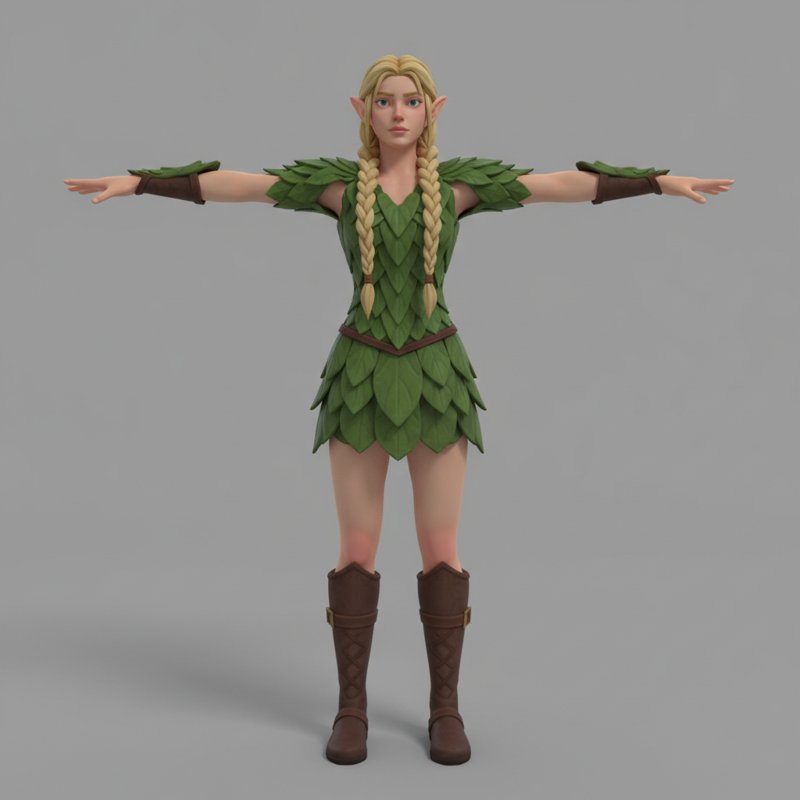 A painted elf ranger with blonde braids and leaf armour, arms out