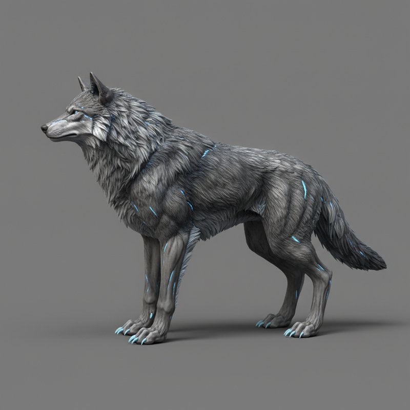 A painted grey timber wolf standing side on