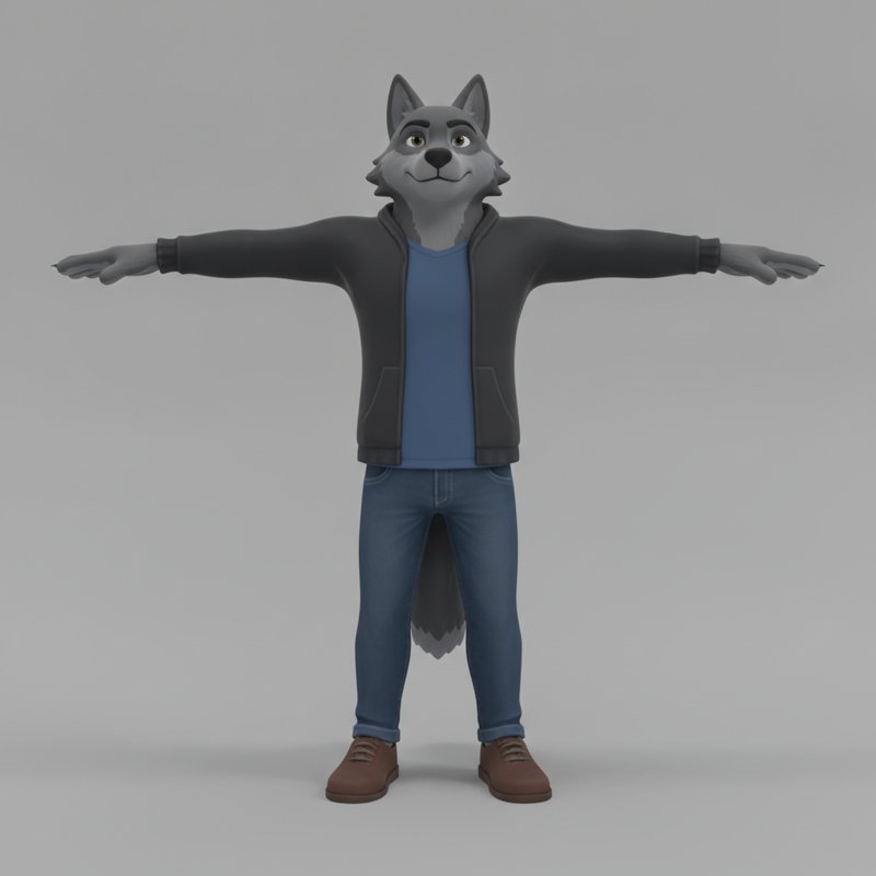 A painted grey wolf man in a jacket and jeans, arms out