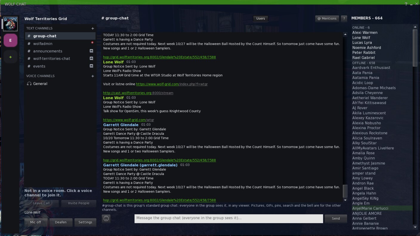 The Wolf Chat window in WolfViewer: the Wolf Territories Grid group as a server on the left with its text channels and General voice room, #group-chat open in the middle, and the group's online and offline members on the right